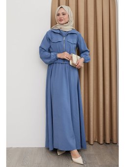Ceketli Fermuarlı İndigo Elbise