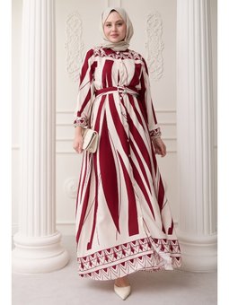 Desenli Kemerli Kırmızı Viskon Elbise