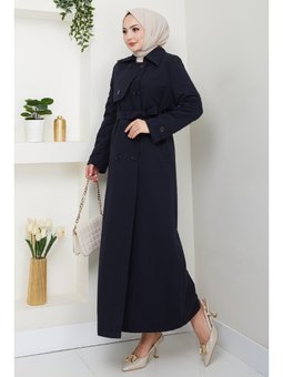 Kapak Detay Uzun Astarlı Lacivert Trençkot