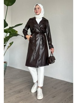 Kemerli Dar Kalıp Deri Trenç Acı Kahve