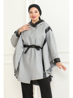 Kuşaklı Deri Detaylı & Gri Panço