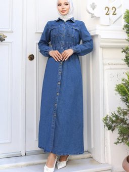 Beli Lastikli Açık Mavi Kot Ferace Elbise