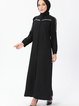 Siyah Fermuarlı Taş Detaylı Ferace