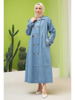 Reglan Kollu Süs Pileli Denim Ceket Mavi