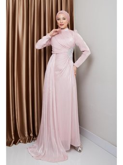 Beli Taş Ve Büzgü Detaylı Yoryo İpek Pudra Abiye Elbise