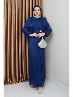 Fiyonk Ve Yakası Taş Bezeli Yoryo İpek K. İndigo Abiye Elbise