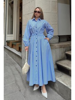 Göğüs Cepli Beli Lastikli Poplin E Elbise Mavi Beyaz