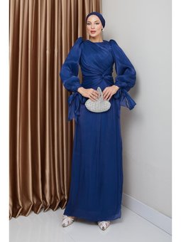 Volan Ve Fiyonk Detaylı Kol Ağzı Bağlamalı Yoryo İpek K. İndigo Abiye Elbise