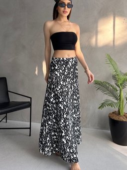 Siyah Beyaz Desenli Bürümcük Maxi Kloş Etek