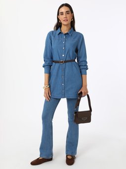 Düğme Detaylı Denim Acik Mavi Tunik