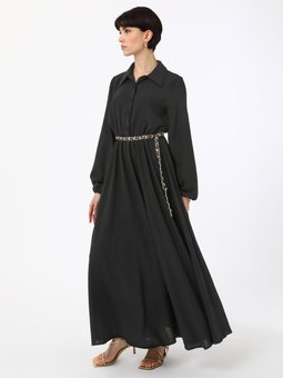 Düğme Detaylı Kuşaklı Siyah Elbise