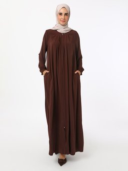 Kahverengi Fermuarlı Medine İpeği Ferace