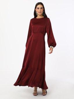 Koyu Kızıl Volan Detaylı Saten Abiye Elbise