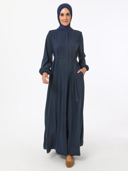 Lacivert Bağlama Detaylı Medine İpeği Ferace