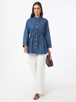 Mavi Düğme Detaylı Denim Tunik