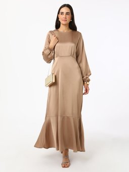 Natural Volan Detaylı Saten Abiye Elbise