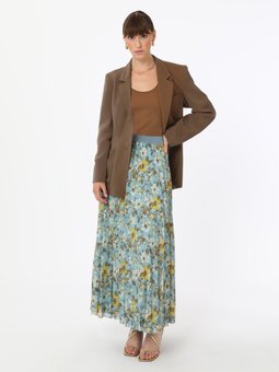 Piliseli Çiçek Baskılı Şifon Mavi Desenli Etek