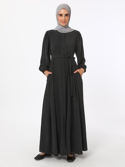 Siyah Bağlama Detaylı Medine İpeği Ferace