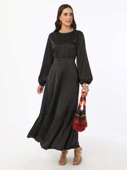 Siyah Volan Detaylı Saten Abiye Elbise