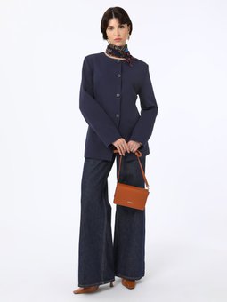 Yakasız Şık Krep Koyu Lacivert Ceket