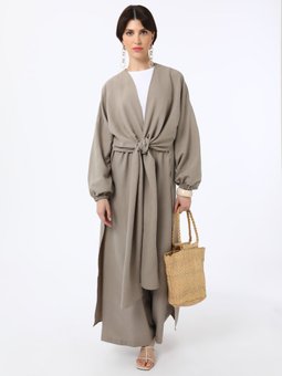 Yumuşak Tuşeli Bağlama Detaylı Kap Pantolon İkili Vizon Takım