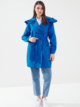 Kadın Oversize Kısa Saks Mavisi Mavi Trençkot