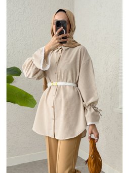 Kolu Fisto Nakışlı Bej Gömlek