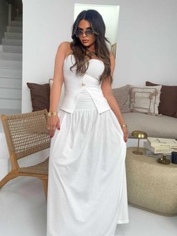 Ekru Penye Korsajlı Uzun Etek