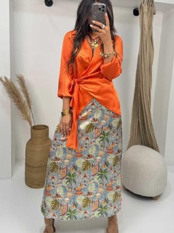 Renkli Tropik Desenli Saten Uzun Etek