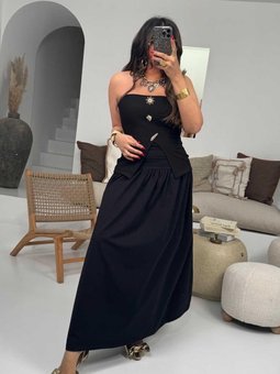 Siyah Penye Korsajlı Uzun Etek