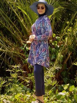 Mayo Mor Yaprak Desenli Likralı Büzgülü