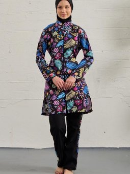 Siyah Tamamı Paraşüt Renkli Çiçekler Tam Kapalı Mayo