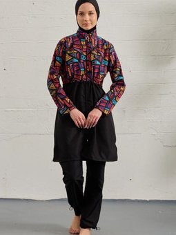 Siyah Tamamı Paraşüt Üstü Desenli Geo Tam Kapalı Mayo