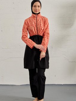 Turuncu Tamamı Paraşüt Üstü Desenli Tam Kapalı Mayo