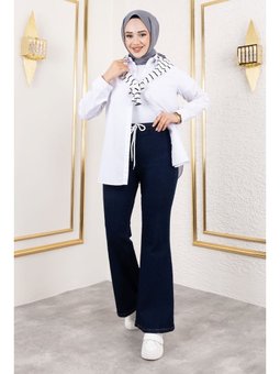 Beli İpli İspanyol Paça Koyu Mavi Kot Pantolon