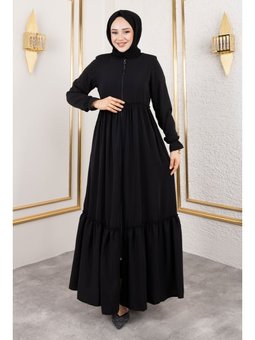 Volanlı Fırfır Detaylı Siyah Ferace