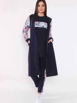 Lacivert Çiçek Baskılı Üçlü Eşofman Takımı