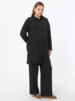 Büyük Beden Cep Detaylı Düğmeli Tunik & Pantolon İkili Aerobin Siyah Takım
