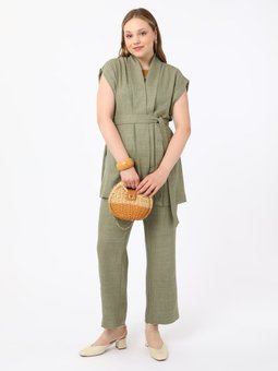 Büyük Beden Yelekli Pantolonlu Haki Takım