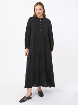 Hakim Yaka Düğme Detaylı Büyük Beden Siyah Elbise