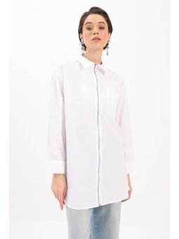 Fermuarlı Manşeti Dubleli Gömlek Tunik Beyaz