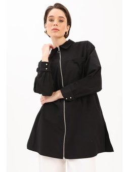 Fermuarlı Manşeti Dubleli Gömlek Tunik Siyah