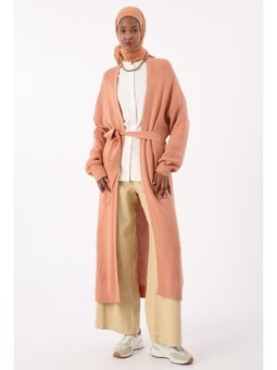 Fitilli Kuşaklı Uzun Triko Hırka Soft Turuncu