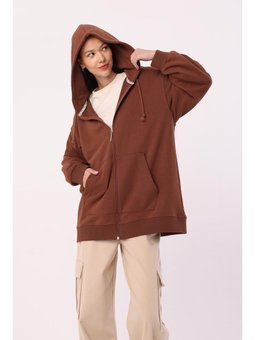 Kanguru Cepli Oversize Sweat Hırka Açık Kahve