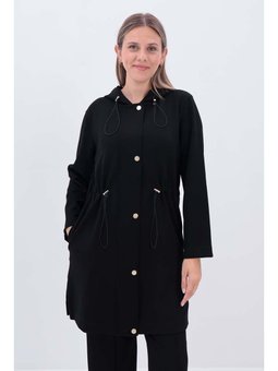 Kapüşonlu Belden Kanallı Hırka Siyah