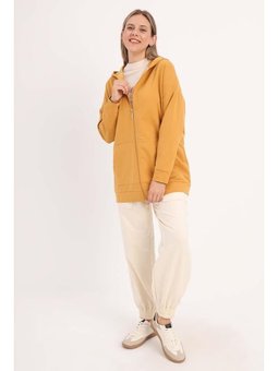 Kapüşonlu Fermuarlı Sweat Hırka Hardal