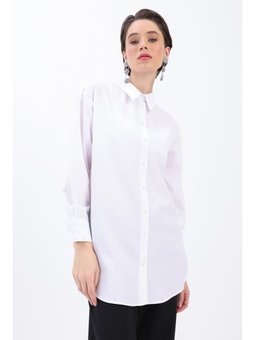 Manşeti Taşlı Sivri Yakalı Gömlek Tunik Beyaz