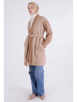 Triko Garnili Kuşaklı Rahat Hırka Bej