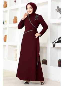 Giyim Moda Pul Aplikeli Krep Abiye Elbise Bordo