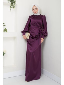 Giyim Moda Tesettür Saten Abiye Elbise Mor